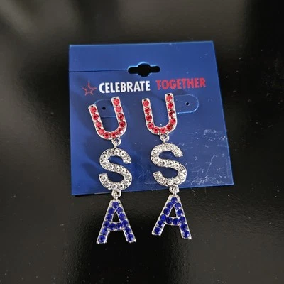 NEW Americana 45-47 USA Rhinestone Dangle 2.25" USA Red Silver Blue Earrings NWT - Image 1 of 2