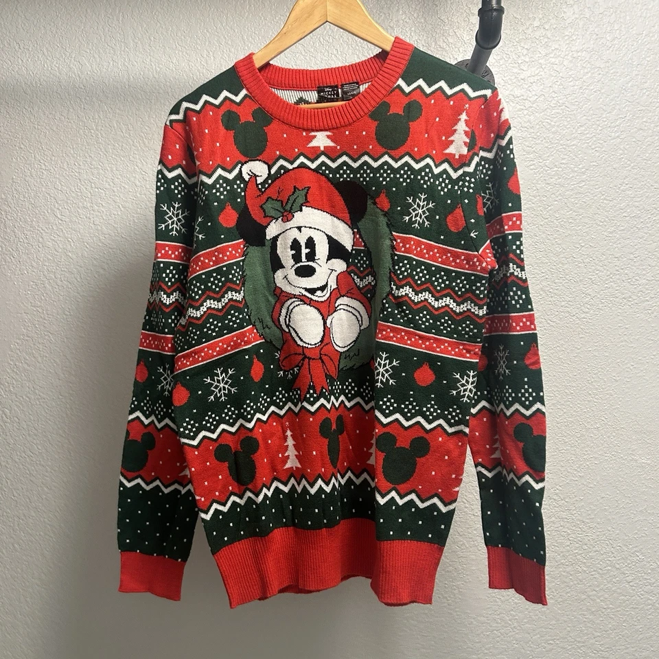Рождественский свитер Disney Mickey Mouse мужской размер большой красный зеленый праздничный принт  - Изображение 1 из 4