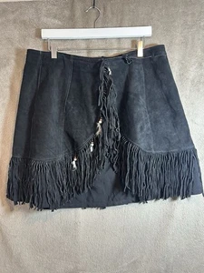 Vintage HB Wildleder Fransen Minirock schwarz Perlen Schnürung Western Boho Festival USA - Bild 1 von 11