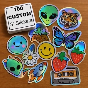100 Custom Glossy Vinyl or Holographic Indoor Die Cut Sticker Decals -Waterproof - Picture 1 of 3