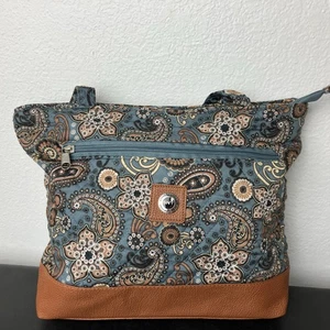 StoneNewYork SNY Quilted Tote Bag Blue Brown Paisley Floral Print Shoulder Purse - Picture 1 of 8