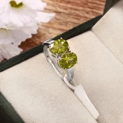 925 Sterling Silver Genuine Green Peridot Oval Solitaire Ring Birthday Gift - Image 1 of 4