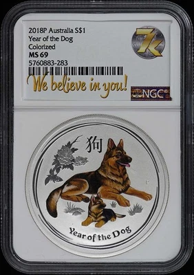 2018P Australia Year of the Dog Colorized S$1 NGC MS69 - Image 1 of 2