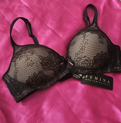 FEMINA lace floral black Bra 34C  Padded no wire . BNWT - Image 1 of 4