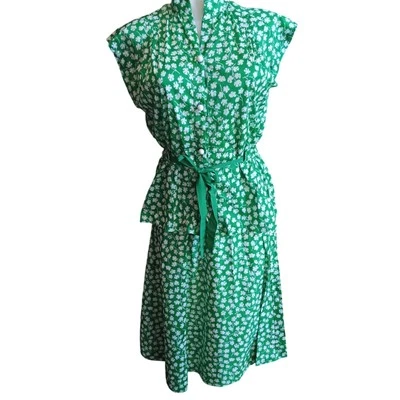 1OF1 12 Vintage 1970s Green Set Dress Skirt Top Shamrock Clover Handmade 1970's - Image 1 of 4