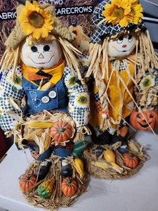 Scarecrows Fabric Mache  Set of 2 Fall Autumn Halloween Thanksgiving Décor 13.5" - Picture 1 of 4