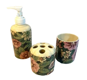 3 Piezas Vintage FLORAL Accesorios Baño Dispensador Jabón Taza Cepillo de Dientes Soporte - Imagen 1 de 6