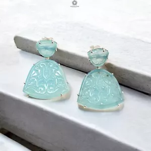 15,70 gm ónix azul tallado de lujo 925 puntas de astilla aretes de 1,5" - Imagen 1 de 6