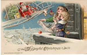 WINSCH CHRISTMAS POSTCARD, SANTA ON ZEPPELIN, COPYRIGHT 1913. - Bild 1 von 2