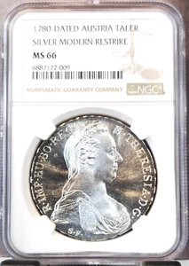 1780 AUSTRIA SILVER 1 TALER MARIA THERESA RESTRIKE NGC MS 66 RARE GEM BEAUTY - Picture 1 of 3