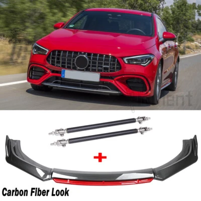 For Mercedes Benz Carbon Fiber&Red 2 Layer Front Bumper Lip Splitter +Strut Rods Foto 1 de 4