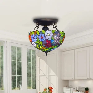 Tiffany Flower Style Ceiling Lamp 16 inch Stained Glass Shade Antique Handcraft - Picture 1 of 13