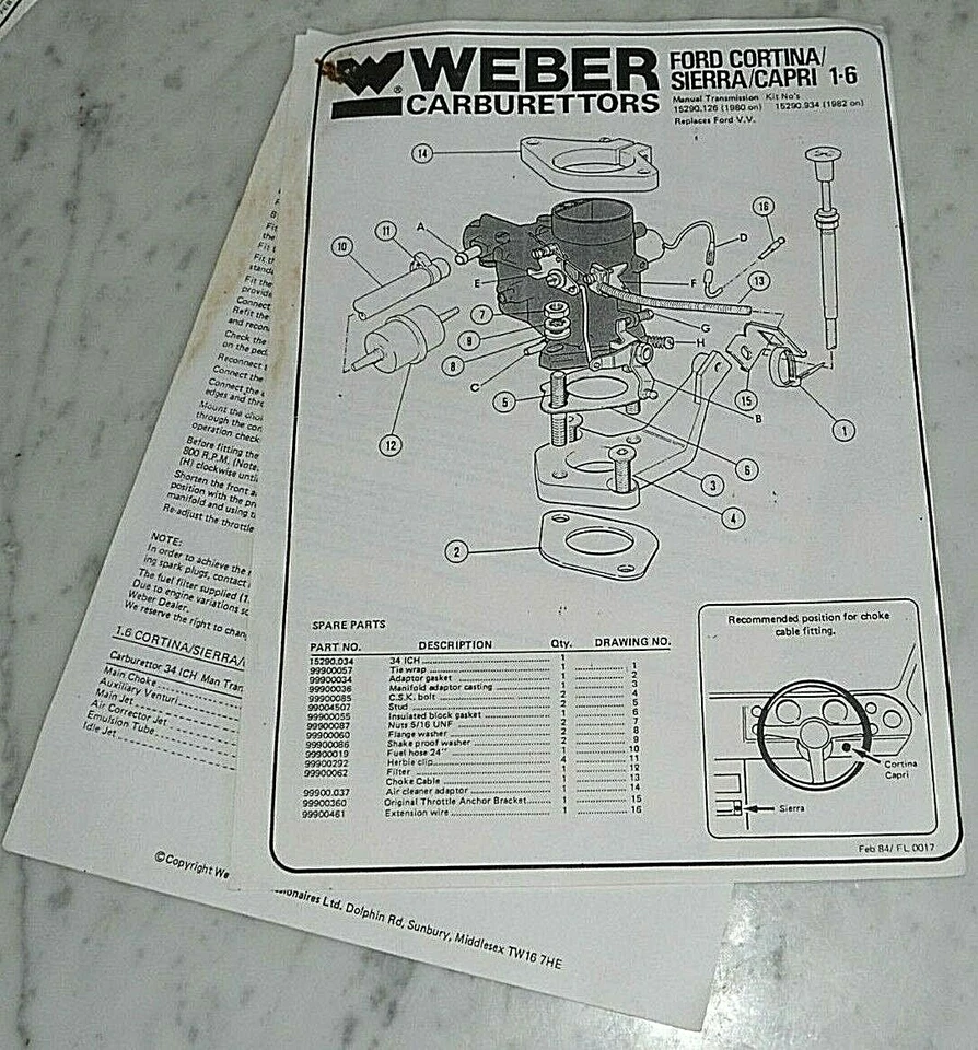ANNI '80 WEBER CARBURATORE FORD CORTINA SIERRA CAPRI 1.6 SCHEMA + ISTRUZ MONTAG - Immagine 1 di 1