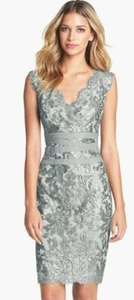 Tadashi Shoji Steel Silver Sequin Embroidered Lace Banded Dress 4 6 8 $328 - Picture 1 of 6