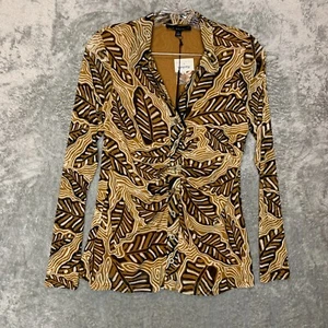 Women 70s Rave Retro Ruched Mesh Sheer Long Sleeve Button Up Top S NWT Brown - Picture 1 of 13