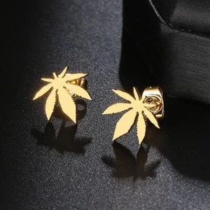 Aretes de hoja de hierba dorada, joyería hipoalergénica de marihuana de acero inoxidable - Imagen 1 de 4