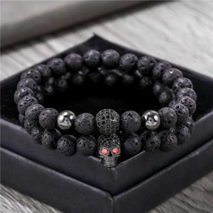 8Mm Black Lava Stone Beads Bracelet Set Skull Men Bracelets for Women Jewelery - Picture 1 of 55