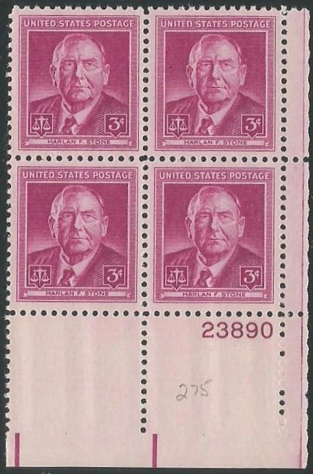 Plate Block of 4 stamps - Scott 965 - 3 cent - Harlan F. Stone - 1948 - MNH - Image 1 of 1