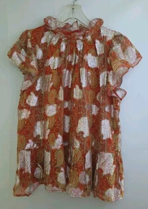 Anthropologie Letmebe Paisley Print Orange & Metallic Silber Bohemian Top Gr. 14 - Bild 1 von 7