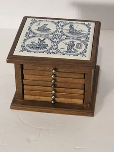 Vintage MCM Wood & Cork Coaster Set  Delft Blue Tile Lid Dutch Windmill Scene - Picture 1 of 4