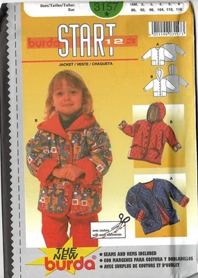 Burda 3157-Sewing Pattern - Children's Jacket & Hoodie, Sizes 18m-6 - Image 1 of 2