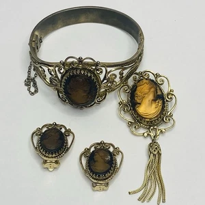 WHITING & DAVIS Iridescent Intaglio Glass Cameo Bracelet Necklace Ring Earrings - Picture 1 of 8