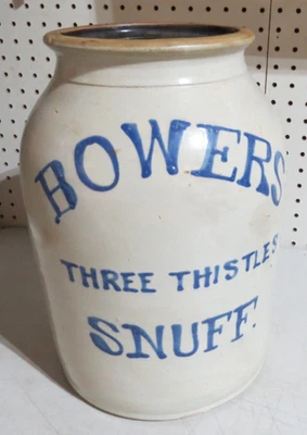 NICE ANTIQUE SALT GLAZE STONEWARE Bowers Three Thistles Snuff CROCK L()()K NR! - Image 1 of 4