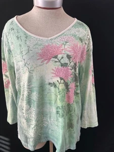 Katina Marie Strick Top Gr. XL 3/4 Arm Perlen Pullover V-Ausschnitt Floral USA Made - Bild 1 von 5