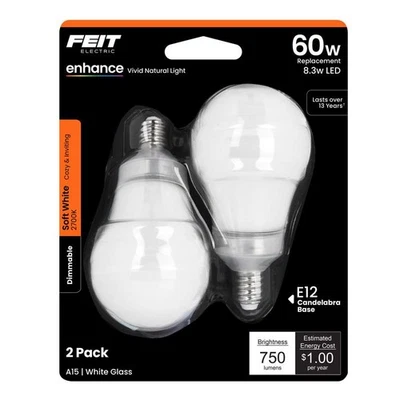 Feit Enhance A15 E12 (Candelabra) LED Bulb Soft White 60 Watt Equivalence 2 pk - Image 1 of 2