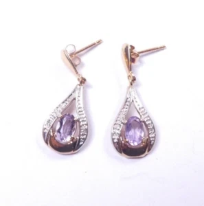 Amethyst Diamond Earrings 9 carat yellow gold drops - Picture 1 of 4