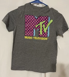 MTV Graphic Gray Music Television Short Sleeve T-Shirt Tee Sz 8 M Neon 80s Retro - Picture 1 of 4