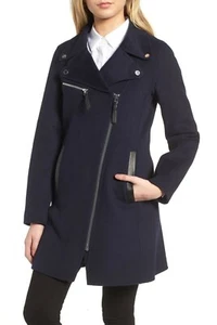 DEREK LAM 10 CROSBY Lamb Leather Trim Wool Moto Zip Asymmetric Work Chic Coat 6 - Picture 1 of 9