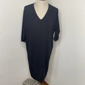 Ralph Lauren Dress Black Sz 1X Midi V Neck Short Sleeve Tie Tunic A Line - Picture 1 of 12