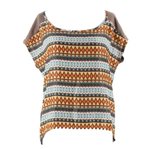 Available Top Sz L Brown Teal Multi Hi Lo 100% Polyester Top - Picture 1 of 5