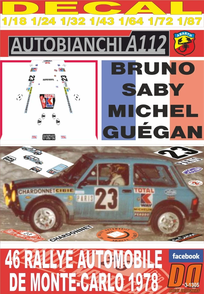 DECAL AUTOBIANCHI A112 ABARTH B.SABY R.MONTECARLO 1978 92nd (06) - Image 1 of 1