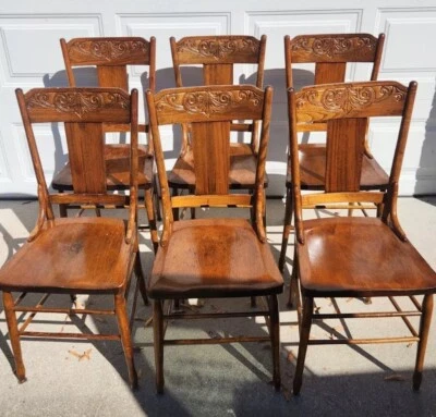 Set 6 Antique Vintage Oak Wood Pressed Back Country  Dining Chairs  Buyer$🚢 - Image 1 of 4
