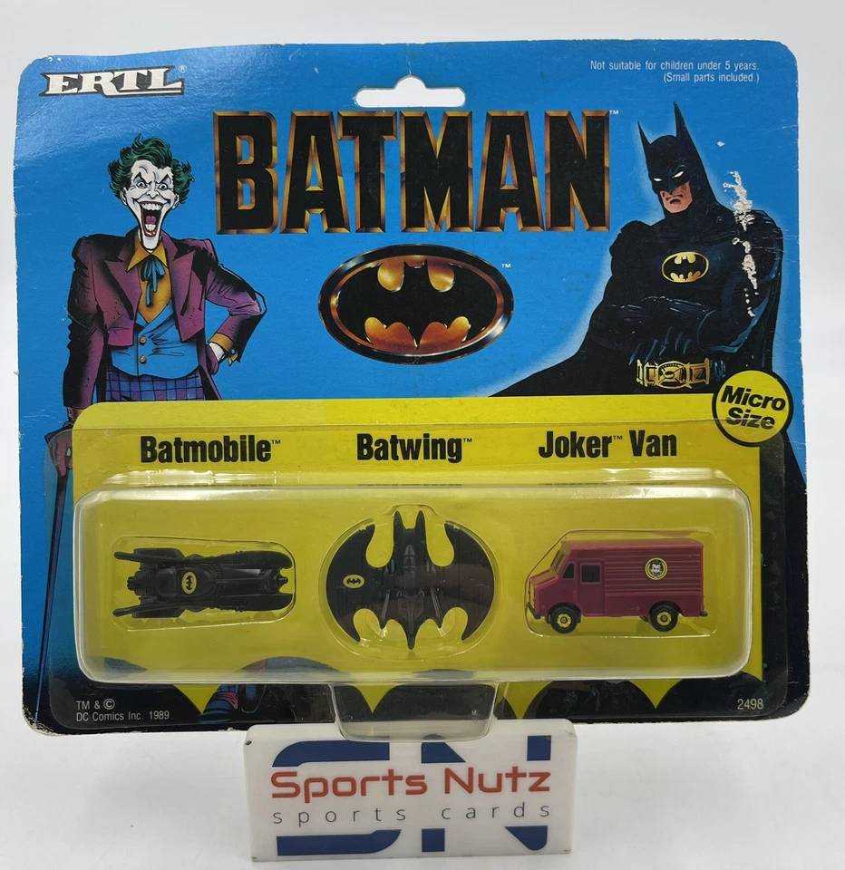 1989 ERTL DC COMICS BATMAN DIECAST MICRO SET ON CARD BATMOBILE BATWING JOKER VAN - Image 1 of 3