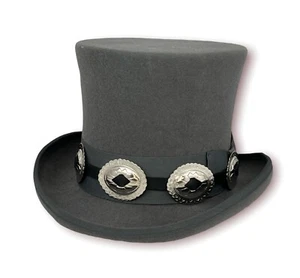 Gray 100% Wool Felt Top Hat Concho Band Victorian Costume Slash Mad Hatter USA - Picture 1 of 13