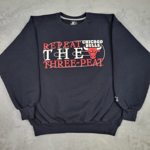 Chicago Bulls Sweater Men Large Black Pullover Sweatshirt Repeat Three Peat 1998 Cover