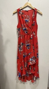 Soprano SZ M Floral High Low Faux Wrap Dress Holiday Event Red Multicolor Ruffle - Picture 1 of 15
