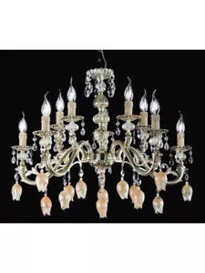 LAMPADARIO IN OTTONE, VETRO DI MURANO E CRISTALLO - Foto 1 di 2