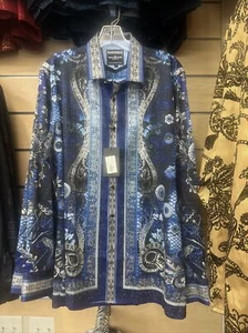 Barabas Men’s Casual Shirt Blue / Silver Paisley w/ Rhinestone ( Large ) - Picture 1 of 4