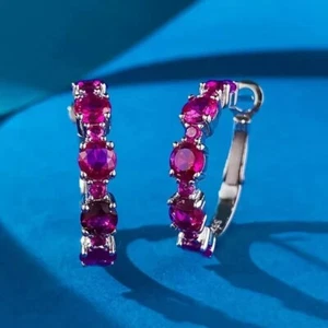 14k White Gold Plated Round Cut Simulated Pink Ruby Pretty Clip On Hoop Earrings - Picture 1 of 5