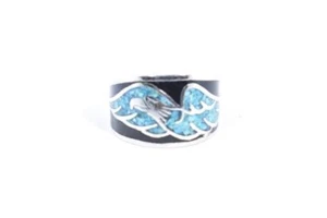 Vintage Hawk Turquoise Inlay Ring Silver White Bronze Size 8.25 - Picture 1 of 4