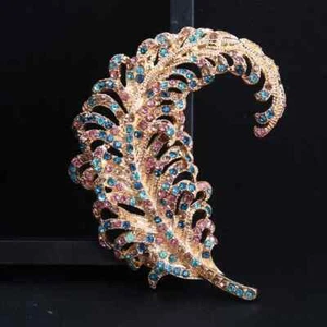 Vintage Openwork gold Feather Brooch Sparkling Colorful Rhinestones Women's Pins - Picture 1 of 5