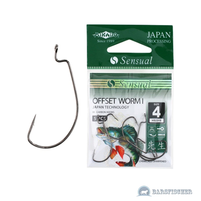 5 Stk. MIKADO SENSUAL OFFSET WORM I, OFFSET WORM DROP SHOT HAKEN CARBON HOOKS