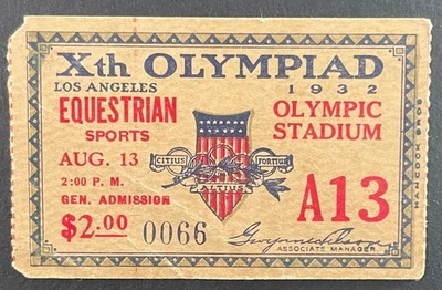 1932 Los Angeles Olympics "EQUESTRIAN" Ticket Stub August 13 (RARE) - Image 1 of 2