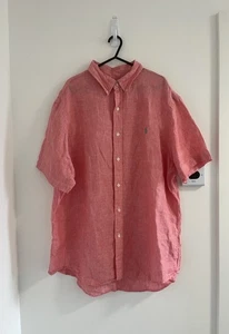 Camisa Ralph Lauren Para Hombre Talla XL Rosa Blanco Lino Manga Corta Calce Clásico - Imagen 1 de 13