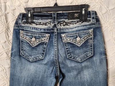 Miss Me Womens Mid Rise Boot Size 27x27 Blue Rhinestone Glitz Flap Pocket Wings - Image 1 of 4