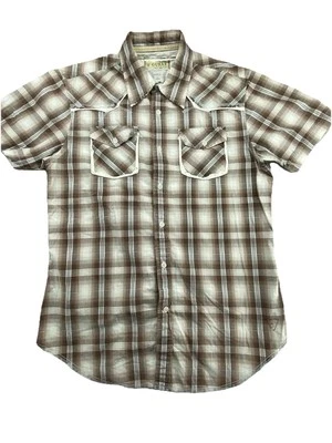 Guess Western Shirt Mens Size Medium Brown Plaid Button Up Short Sleeve Cotton - Image 1 of 4